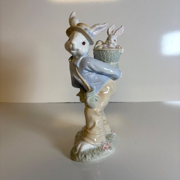 Ceramic Easter Bunny Figurine Baby Rabbit Basket Glazed 10.5" - Picture 1 of 7